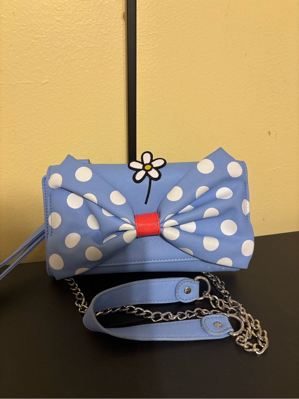 Loungefly Light Blue Polka Dot Bow Crossbody with Red Accent